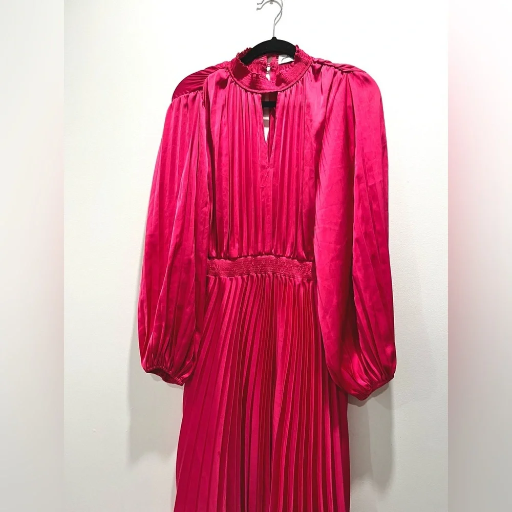 Petal & Pup Pleated Long Sleeve Midi Semi Formal Pink Satin Cocktail Dress US 8 - Picture 10 of 12